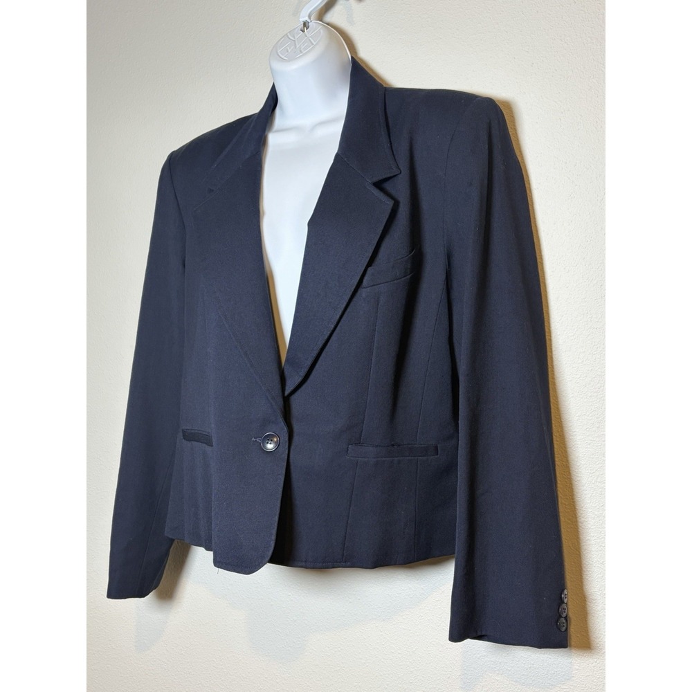 Vtg 90s Nordstrom Navy Wool Gab Short Blazer Jacket~16~One Button Career Classic